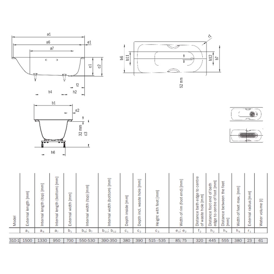 Kaldewei Eurowa Built-In Bath No Overflow 1500x700mm 01-310-1_specification